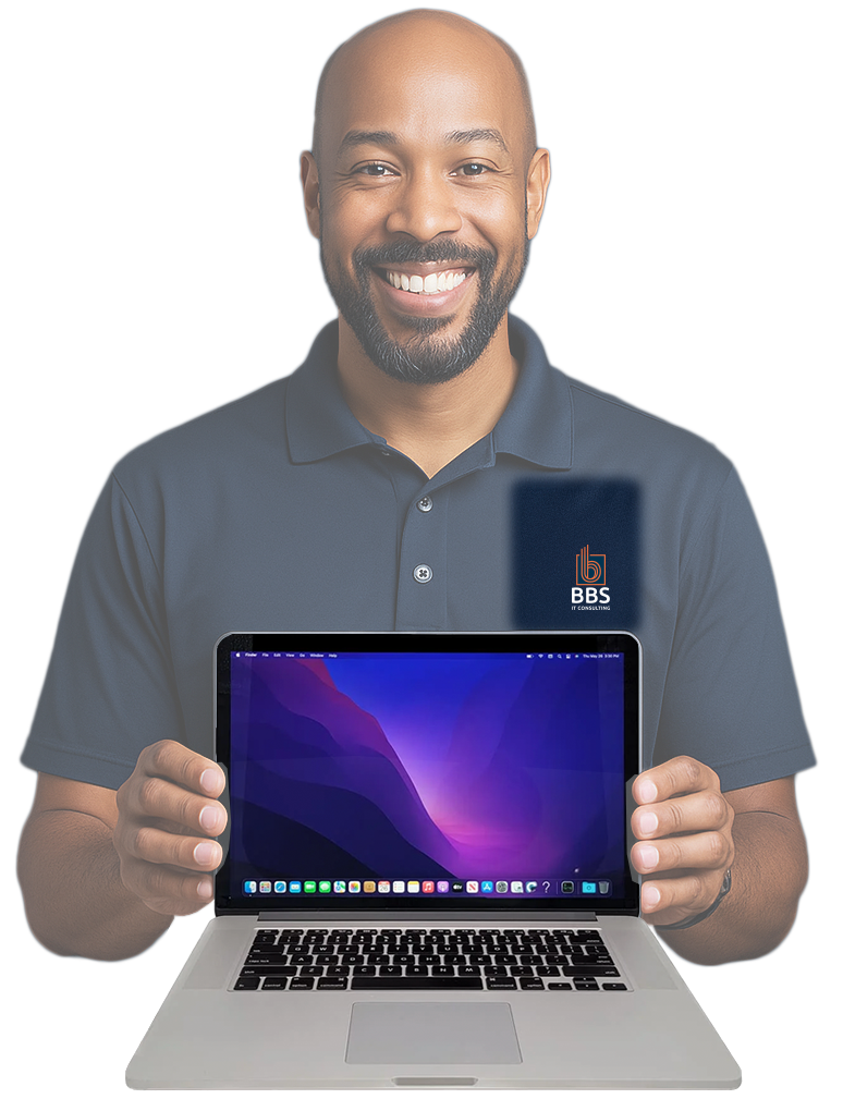 BBS IT Consulting managed help desk specialist holding laptop